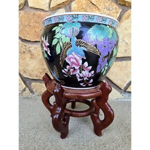 Chinese Fish Bowl Birds And Grapes With Stand Koi Pot